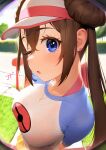  1girl ;o arm_behind_back banned_artist blue_eyes blush breasts brown_hair doorway double_bun doughnut_hair_bun ear_piercing english_commentary grass hair_bun highres jellytits-7 jewelry large_breasts long_hair looking_at_viewer necklace one_eye_closed outdoors parted_lips peephole piercing poke_ball_print pokemon pokemon_(game) pokemon_bw2 raglan_sleeves rosa_(pokemon) solo twintails visor_cap 