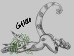  anthro balls butt gekk0 gekko_(character) genitals lizard looking_at_viewer lying male nude nude_male on_front raised_tail reptile scalie solo stretching 