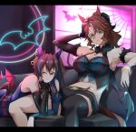  2girls ;) animal_ears bangs belt black_gloves black_shorts black_thighhighs blue_eyes blue_hair blue_shirt bracelet breasts brown_belt brown_hair cleavage closed_mouth commentary couch daitaku_helios_(devil_in_the_moonlight)_(umamusume) daitaku_helios_(umamusume) demon_girl demon_horns demon_wings ear_covers ear_ornament facial_mark fingerless_gloves fingernails frown fur_armlet gloves green_shirt green_wings halterneck hand_on_own_head head_rest highres horns horse_ears horse_girl horse_tail indoors jewelry leaning_back long_hair looking_at_viewer low_wings luna_(gkluna_mas) lying mejiro_palmer_(devil_in_the_moonlight)_(umamusume) mejiro_palmer_(umamusume) micro_shorts midriff multicolored_hair multiple_girls nail_polish navel neon_lights on_couch on_person on_stomach one_eye_closed one_side_up red_belt red_wings sharp_fingernails shirt shorts single_glove single_thighhigh sitting sleeveless sleeveless_shirt smile streaked_hair symbol-only_commentary tail thighhighs umamusume wings 
