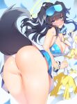 1girl animal_ears ass ass_focus bangs bare_shoulders bent_over black_hair blue_archive blue_eyes blush breasts cheerleader crop_top dog_ears dog_girl dog_tail eyewear_on_head goggles goggles_on_head halo hibiki_(blue_archive) hibiki_(cheerleader)_(blue_archive) highres jewelry kippuru long_hair looking_at_viewer medium_breasts open_mouth panties pom_pom_(cheerleading) skindentation skirt solo star_(symbol) sunglasses sweat tail thighs underwear white_panties 