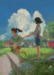  1boy 1girl blue_sky blush_stickers brown_hair cloud flower grass haku_(sen_to_chihiro_no_kamikakushi) highres holding_hands null_(skev7724) ogino_chihiro outdoors rock sen_to_chihiro_no_kamikakushi shorts sky socks studio_ghibli tree white_flower white_socks 