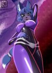  anthro black_clothing blue_body blue_fur blue_hair bodysuit breasts canid canine clothing eyelashes female fox fur gamesfan green_eyes hair hi_res jewelry krystal long_hair looking_at_viewer low-angle_view mammal nails navel nintendo open_mouth signature skinsuit smile solo star_fox teeth tight_clothing video_games white_body white_clothing white_fur 