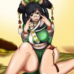  1girl bangs black_eyes black_hair breasts chinese_clothes gaien_(jin_morisono) glasses hair_ornament hanfu highres large_breasts long_sleeves looking_at_viewer on_floor open_mouth pelvic_curtain samurai_spirits shield sitting thick_thighs thighs wu-ruixiang yellow_background 