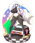  absurd_res anthro big_breasts bottomwear breasts clothed clothing coat female fish flag footwear hair hair_between_eyes hi_res holding_flag holding_object long_hair marine midriff non-mammal_breasts open_clothing open_coat open_topwear pants ponytail pupils race_car shark shark_tail shoes simple_background slit_pupils solo standing theycallhimcake topwear white_hair yellow_eyes 