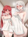  2girls absurdres after_bathing animal_ears bare_shoulders black_nails blush breasts collarbone dolechan dungeon_and_fighter female_mage_(dungeon_and_fighter) grey_hair highres large_breasts long_hair looking_at_viewer medium_breasts multiple_girls naked_towel parted_lips pointy_ears red_eyes red_hair seria_kirmin smile steam sweat thick_thighs thigh_gap thighs towel twintails very_long_hair wet wide_hips 