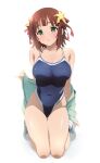  1girl absurdres amami_haruka b1ack_illust blue_one-piece_swimsuit breasts brown_hair cleavage competition_swimsuit covered_navel full_body green_eyes hair_ribbon highleg highleg_swimsuit highres idolmaster idolmaster_(classic) jacket jacket_partially_removed large_breasts looking_at_viewer one-piece_swimsuit ribbon seiza short_hair simple_background sitting solo swimsuit two-tone_swimsuit white_background 