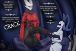  anthro arthropod balls big_balls big_breasts big_penis black_body blush bodily_fluids bottomless breasts broken_table clothed clothing crossgender detailed_background dialogue english_text female furniture genital_fluids genitals gynomorph half-erect heavy_balls hi_res hollow_knight hornet_(hollow_knight) huge_balls huge_penis humanoid humanoid_genitalia humanoid_penis hyper hyper_balls hyper_genitalia hyper_penis intersex iselda_(hollow_knight) mostly_nude onomatopoeia partially_clothed penile_spines penis penis_awe piekiller poking_out precum pupils size_difference sound_effects speech_bubble spiked_penis spikes spikes_(anatomy) table team_cherry text video_games white_pupils 