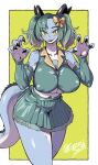 1girl black_horns blue_skin blush bow breasts claw_pose claws colored_skin covered_nipples dragon_girl dragon_horns dragon_tail fangs furry furry_female geso_smith gradient_hair green_eyes green_hair green_skirt grey_hair hair_bow highres horns large_breasts looking_at_viewer multicolored_hair original pleated_skirt simple_background skirt solo sweat tail tongue twintails twitter_username yellow_bow 