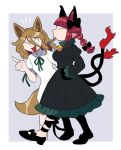  2girls ;d animal_ear_fluff animal_ears animal_hands bangs bell black_bow black_footwear black_ribbon blonde_hair blunt_bangs bow braid cat_ears cat_paws cat_tail closed_eyes commentary dress fish_bone flame-tipped_tail footwear_bow fox_ears fox_tail frilled_dress frills full_body furukawa_(yomawari) green_ribbon grey_dress hair_bow hand_on_hip highres jingle_bell juliet_sleeves kaenbyou_rin kudamaki_tsukasa leg_ribbon long_hair long_sleeves looking_at_another mouth_hold multiple_girls multiple_tails notice_lines one_eye_closed open_mouth pointy_ears puffy_sleeves red_hair ribbon romper smile tail touhou twin_braids two_tails white_romper yellow_eyes 