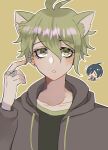  2boys ahoge alternate_costume amami_rantarou animal_ears antenna_hair bangs black_hair cat_ears collarbone danganronpa_(series) danganronpa_v3:_killing_harmony ear_piercing earrings green_hair green_shirt grey_jacket gu_zang_(aammss188) hood hood_down hooded_jacket jacket jewelry kemonomimi_mode male_focus multiple_boys open_clothes open_jacket outline parted_lips piercing saihara_shuuichi shiny shiny_hair shirt short_hair simple_background solo_focus white_outline 