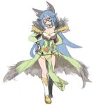  1girl animal_ear_fluff animal_ears blue_eyes blue_hair boots breasts cat_ears cleavage closed_mouth commentary_request dress elemental_master_(ragnarok_online) eye_mask full_body fur_collar fur_dress goinkyo green_dress hands_on_hips long_hair looking_at_viewer off-shoulder_dress off_shoulder ofly_(ofly252) one_eye_closed pelvic_curtain ragnarok_online simple_background smile solo standing very_long_hair white_background white_footwear 