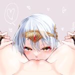  2girls bangs black_gloves blush bottomless bridal_gauntlets censored commentary_request commission crown cunnilingus female_pov fingerless_gloves fire_emblem fire_emblem:_radiant_dawn fire_emblem_heroes gloves grey_hair half_updo heart highres long_hair marth-chan_(micaiah_mrmm) micaiah_(fire_emblem) mosaic_censoring multiple_girls official_alternate_costume oral pink_background pixiv_request pov pov_crotch pussy ribbon simple_background sitting_on_face solo_focus spoken_heart thigh_grab tiara yellow_eyes yuri 