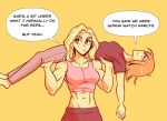  2girls barefoot beverly_(nortuet) blonde_hair breasts english_text exercise lifting_person medium_breasts midriff multiple_girls muscular muscular_female navel nortuet orange_eyes orange_hair original pink_tank_top small_breasts tank_top tara_(nortuet) thick_eyebrows weightlifting 
