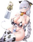 1girl absurdres anastasia_(fate) animal_ears animal_print bangs bare_shoulders bell bikini blue_eyes blush bottle braid braided_ponytail breasts cleavage collar collarbone cow_ears cow_horns cow_print cow_tail cowbell doll elbow_gloves fake_horns fate/grand_order fate_(series) gloves hair_over_one_eye hairband highres horns large_breasts long_hair looking_at_viewer milk_bottle navel neck_bell open_mouth print_bikini sekai_saisoku_no_panda sitting swimsuit tail thighhighs thighs very_long_hair viy_(fate) white_gloves white_hair white_thighhighs 
