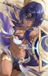  1girl bangs bare_shoulders blue_eyes blue_hair breasts brooch candace_(genshin_impact) cleavage closed_mouth crop_top dark-skinned_female dark_skin elbow_gloves expressionless eye_of_horus genshin_impact gloves gold_trim hair_intakes hair_over_shoulder heterochromia highres holding holding_polearm holding_shield holding_weapon imone_illust jewelry looking_at_viewer medium_breasts navel neck_ring pelvic_curtain polearm shield sidelocks skirt solo stomach thighlet thighs twintails twitter_username weapon yellow_eyes 