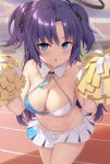  1girl bangs bare_shoulders blue_archive blue_eyes blush breasts cheerleader cleavage cosplay halo hibiki_(blue_archive) hibiki_(cheerleader)_(blue_archive) hibiki_(cheerleader)_(blue_archive)_(cosplay) highres holding holding_pom_poms large_breasts long_hair looking_at_viewer navel open_mouth pom_pom_(cheerleading) purple_hair shimokirin solo thighs two_side_up yuuka_(blue_archive) 