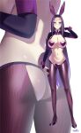  1girl absurdres animal_ears ass bangs bow bowtie breasts covered_nipples facial_mark fake_animal_ears fake_tail fate/stay_night fate_(series) forehead forehead_mark full_body heart_maebari heart_pasties high_heels highres kurozawa_yui large_breasts latex latex_legwear long_hair looking_at_viewer maebari medusa_(fate) medusa_(rider)_(fate) meme_attire multiple_views navel parted_bangs pasties purple_eyes purple_hair rabbit_ears rabbit_tail revealing_clothes reverse_bunnysuit reverse_outfit shrug_(clothing) sidelocks tail thighs very_long_hair wrist_cuffs 