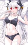  1girl bangs bare_shoulders black_bra black_panties blush bra breasts cleavage collarbone dragon_girl dragon_horns fate/grand_order fate_(series) highres horns kiyohime_(fate) large_breasts long_hair looking_at_viewer lying morizono_shiki navel on_back panties parted_lips pillow red_eyes solo thighhighs underwear white_hair white_thighhighs 