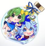  2girls arms_up bangs bloomers blue_bow blue_dress blue_eyes blue_hair blush bottle bow bowtie chibi cirno collared_shirt daiyousei dress fairy fairy_wings flower green_eyes green_hair grey_flower hair_between_eyes hair_bow hands_up ice ice_wings looking_at_another looking_up multiple_girls open_mouth ponytail puffy_short_sleeves puffy_sleeves purple_bow purple_bowtie purple_flower red_bow red_bowtie shirt short_hair short_ponytail short_sleeves side_ponytail simple_background smile syuri22 teeth tongue touhou underwear white_background white_bloomers white_shirt wings yellow_bow 