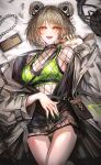  1girl absurdres akqne bangs blush bodystocking bra breasts brown_choker brown_dress brown_necktie choker coat commission crossed_legs double_bun dress earrings feet_out_of_frame fishnets girls&#039;_frontline green_bra green_nails green_panties green_sports_bra grey_coat hair_bun hair_ornament hairclip hand_on_own_stomach highres holding_necktie jewelry light_brown_hair looking_at_viewer lying medium_breasts nail_polish necktie official_alternate_costume on_back open_clothes open_coat open_dress open_mouth p90_(girls&#039;_frontline) p90_(the_girl_from_b.e.l)_(girls&#039;_frontline) panties red_eyes short_hair skeb_commission smile solo sports_bra teeth underwear upper_teeth 