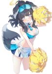  1girl animal_ears bangs bare_arms bare_shoulders black_hair blue_archive blue_eyes blush breasts cheerleader crop_top dog_ears dog_girl dog_tail eyewear_on_head goggles goggles_on_head halo hibiki_(blue_archive) hibiki_(cheerleader)_(blue_archive) holding holding_pom_poms long_hair looking_at_viewer midriff miniskirt open_mouth pom_pom_(cheerleading) simple_background skirt solo star_sticker sticker_on_arm sticker_on_face tail virus_(obsession) white_background white_skirt 