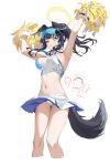  1boy 1girl absurdres animal_ears armpits arms_up bangs bare_shoulders bikini black_hair blue_archive breasts cheerleader cropped_legs dog_ears dog_girl dog_tail eyewear_on_head goggles goggles_on_head halo hibiki_(blue_archive) hibiki_(cheerleader)_(blue_archive) highres holding holding_pom_poms long_hair looking_at_viewer medium_breasts midriff miniskirt navel panties pom_pom_(cheerleading) sensei_(blue_archive) simple_background skirt sleeveless solo_focus star_sticker sticker_on_face stomach sunglasses sweat swimsuit tail thighs underwear white_background white_bikini white_panties white_skirt whter yellow_eyes 