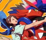  1girl :d braid brown_hair closed_eyes commentary_request eyelashes givemeyourtmi happy highres juliana_(pokemon) koraidon korean_commentary open_mouth pokemon pokemon_(creature) pokemon_(game) pokemon_sv shirt short_sleeves smile teeth tongue upper_teeth 