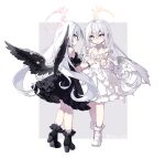  2girls angel angel_wings asymmetrical_clothes azusa_(blue_archive) black_dress black_footwear black_socks black_wings blue_archive dress feathered_wings feathers full_body grey_eyes halo high_heels long_hair multiple_girls saru shoes socks white_dress white_footwear white_hair white_socks white_wings wings 