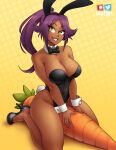  1girl animal_ears artist_name black_bow black_bowtie bleach bow bowtie breasts carrot cleavage dark-skinned_female dark_skin detached_collar fake_animal_ears fake_tail grin high_heels highleg highleg_leotard large_breasts leotard lips nortuet oversized_object ponytail purple_hair rabbit_ears rabbit_tail shihouin_yoruichi smile solo tail traditional_bowtie wrist_cuffs yellow_eyes 