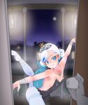  1girl 1other animal_ears armpits ass ballet_slippers bangs bare_shoulders blue_eyes blue_hair blue_pantyhose breasts double_bun frills gawr_gura hair_bun highres hololive hololive_english jewelry leg_up looking_at_viewer moral_cacoethes necklace night open_door outstretched_arms pantyhose small_breasts smile tiara virtual_youtuber white_hair 