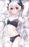  1girl bangs bare_shoulders black_bra black_panties blush bra breasts cleavage collarbone dragon_girl dragon_horns fate/grand_order fate_(series) highres horns kiyohime_(fate) large_breasts long_hair long_sleeves looking_at_viewer lying morizono_shiki navel off_shoulder on_back panties parted_lips pillow red_eyes shirt solo thighhighs underwear white_hair white_shirt white_thighhighs 