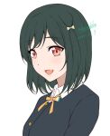  1girl bangs birthday breasts commentary dark_green_hair dated fang hair_ribbon looking_at_viewer love_live! love_live!_nijigasaki_high_school_idol_club mifune_shioriko nijigasaki_academy_school_uniform one_side_up orange_eyes ribbon school_uniform shamakho short_hair sidelocks signature small_breasts smile solo upper_body white_background 