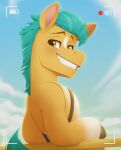 bcpony digital_media_(artwork) earth_pony equid equine eyebrows feral green_mane half-closed_eyes hasbro hitch_trailblazer_(mlp) hooves horse leaning leaning_back looking_at_viewer male mammal mane mlp_g5 my_little_pony narrowed_eyes pony recording signature smile solo yellow_body yellow_eyes 