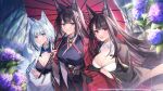  3girls akagi_(azur_lane) amagi_(azur_lane) animal_ear_fluff animal_ears azur_lane bangs black_gloves black_kimono blue_eyes bracelet breasts brown_hair cleavage closed_mouth commentary_request coyucom fox_ears fox_tail frown gloves grey_hair highres japanese_clothes jewelry kaga_(azur_lane) kimono kitsune kyuubi large_breasts locked_arms long_hair looking_at_viewer medium_hair multiple_girls multiple_tails official_art oil-paper_umbrella open_mouth outdoors parted_lips rain red_eyes red_kimono sakura_empire_(emblem) sidelocks smile standing tail thick_eyebrows umbrella upper_body very_long_hair white_kimono 