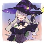  1girl black_dress blush breasts cleavage cleavage_cutout closed_eyes clothing_cutout corrin_(fire_emblem) corrin_(fire_emblem)_(female) do_m_kaeru dress earrings fingerless_gloves fire_emblem fire_emblem_fates fire_emblem_heroes frilled_sleeves frills gloves hat jewelry large_breasts long_hair official_alternate_costume open_mouth pointy_ears solo upper_body white_hair witch_hat 