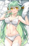  1girl bangs bare_shoulders blush bra breasts cleavage collarbone dragon_girl dragon_horns fate/grand_order fate_(series) green_hair highres horns kiyohime_(fate) large_breasts long_hair looking_at_viewer lying morizono_shiki navel on_back panties parted_lips pillow smile solo thighhighs underwear white_bra white_panties white_thighhighs yellow_eyes 