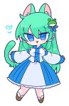  1girl :3 animal_ears bell blue_eyes blue_skirt cat_ears cat_girl cat_tail collared_shirt detached_sleeves frog_hair_ornament geta green_hair hair_ornament hair_tubes highres jingle_bell kochiya_sanae long_hair long_skirt nontraditional_miko op_na_yarou outstretched_arms shirt simple_background single_sidelock skirt sleeveless sleeveless_shirt snake_hair_ornament solo tail touhou v-shaped_eyebrows white_background white_shirt 