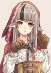  1girl animal_ears bangs belt belt_buckle black_hair blush brown_belt brown_eyes brown_gloves buckle buttons capelet collarbone collared_shirt commentary_request fire_emblem frilled_shirt frills fuussu_(21-kazin) gloves grey_background grey_hair hands_up hood hood_up long_hair looking_at_viewer multicolored_hair parted_lips paw_pose red_capelet shirt simple_background sleeves_past_wrists solo straight_hair streaked_hair teeth two-tone_hair underbust upper_body upper_teeth velouria_(fire_emblem) white_shirt wing_collar wolf_ears 