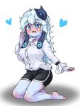  1girl alternate_costume bangs barefoot black_shorts blue_eyes blush breasts collared_shirt commentary_request dress_shirt furry furry_female hand_up heart highres horizontal_pupils kindred_(league_of_legends) kneeling lamb_(league_of_legends) large_breasts league_of_legends long_hair long_sleeves mask mask_on_head open_mouth rotana_(namgoongdg1000) shirt shirt_tucked_in shorts solo teeth upper_teeth white_shirt 