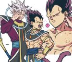  2boys ? abs closed_eyes dragon_ball dragon_ball_super egyptian_clothes fecaa grey_eyes large_pectorals male_focus multiple_boys muscular muscular_male navel nipples no_eyebrows open_mouth pectorals pink_eyes purple_hair short_hair son_goku spiked_hair twitter_username ultra_ego_(dragon_ball) ultra_instinct vegeta white_hair 