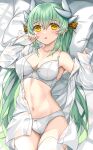  1girl bangs bare_shoulders blush bra breasts cleavage collarbone dragon_girl dragon_horns fate/grand_order fate_(series) green_hair highres horns kiyohime_(fate) large_breasts long_hair long_sleeves looking_at_viewer lying morizono_shiki navel off_shoulder on_back panties parted_lips pillow shirt smile solo thighhighs underwear white_bra white_panties white_shirt white_thighhighs yellow_eyes 