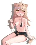  1girl ahoge animal_ears bangs bikini black_bikini black_shorts blush breasts crossed_bangs grin hair_between_eyes highres indie_virtual_youtuber k_mugura light_brown_hair lion_ears lion_tail long_hair mouth_hold navel rurudo_lion shorts simple_background sitting small_breasts smile solo stomach swimsuit tail untied untied_bikini virtual_youtuber white_background yellow_eyes 