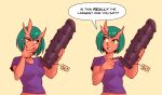  1girl borrowed_character breasts colored_skin demon_horns dildo english_text eyelashes green_hair half-closed_eye horns huge_dildo medium_breasts nortuet orange_eyes original pointing price_tag purple_shirt red_skin sex_toy shirt 