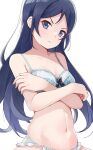  1girl aragaki_ayase bangs bare_arms black_bow black_hair blue_bra blue_eyes blue_panties bow bow_bra bra breasts cleavage closed_mouth collarbone covering covering_one_breast crossed_arms frown groin highres hiroki_(yyqw7151) lingerie long_hair navel ore_no_imouto_ga_konna_ni_kawaii_wake_ga_nai panties parted_bangs shiny shiny_hair simple_background small_breasts solo straight_hair underwear underwear_only v-shaped_eyebrows very_long_hair white_background 