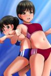  2girls absurdres ass-to-ass assisted_stretching bangs bare_arms bare_legs bikini black_hair blue_bikini blue_buruma blue_sports_bra blush brown_eyes buruma closed_mouth highres looking_at_viewer matsunaga_kouyou multiple_girls navel open_mouth original ponytail red_bikini red_buruma red_sports_bra smile sports_bikini sports_bra stomach swimsuit thighs 