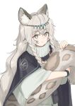  1girl absurdres animal_ear_fluff animal_ears arknights black_bracelet black_cape blush braid bright_pupils cape genjaku grey_hair highres hugging_own_tail infection_monitor_(arknights) jewelry leopard_ears leopard_girl leopard_tail long_hair looking_at_viewer necklace pramanix_(arknights) side_braids simple_background smile solo sweater tail tiara twitter_username upper_body very_long_hair wavy_hair white_background white_pupils white_sweater 