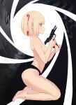  1girl absurdres alternate_eye_color barefoot beretta_92 black_panties blonde_hair bob_cut convenient_arm finger_on_trigger from_side full_body gun gun_barrel_sequence hair_ribbon handgun highres holding holding_gun holding_weapon james_bond_(series) kneeling legs lycoris_recoil nishikigi_chisato panties red_ribbon reloading ribbon some1else45 thighhighs toes topless underwear underwear_only weapon yellow_eyes 