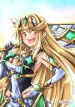  absurdres aegis_sword_(xenoblade) bangs bare_shoulders blonde_hair breasts chest_jewel cleavage cleavage_cutout clothing_cutout dress earrings elbow_gloves gem gloves headpiece highres jewelry large_breasts long_hair mythra_(xenoblade) short_dress sofusan1526 swept_bangs tiara very_long_hair white_dress white_gloves xenoblade_chronicles_(series) xenoblade_chronicles_2 yellow_eyes 
