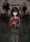  1girl absurdres barcode black_hair blood blood_bag blood_on_clothes brown_eyes closed_mouth highres holding hospital_gown intravenous_drip iv_stand looking_at_viewer original pikuson short_hair solo standing 