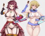  2girls :o antenna_hair ass_visible_through_thighs bare_shoulders belt between_fingers bikini black_bikini black_gloves black_thighhighs blonde_hair blue_belt blue_gloves blush breasts card choker cleavage collarbone detached_collar duel_disk elbow_gloves fingerless_gloves garter_straps gloves highres holding holding_card izayoi_aki jewelry large_breasts long_hair looking_at_viewer looking_back micro_bikini multiple_girls navel necklace open_mouth r-binon red_choker red_hair short_hair_with_long_locks sidelocks simple_background swimsuit tenjouin_asuka thigh_gap thighhighs v-shaped_eyebrows waist_cape white_background yellow_eyes yu-gi-oh! yu-gi-oh!_5d&#039;s yu-gi-oh!_gx 